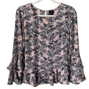 Worthington | Floral Long Bell Sleeve Blouse Top Summer Pink Black Small